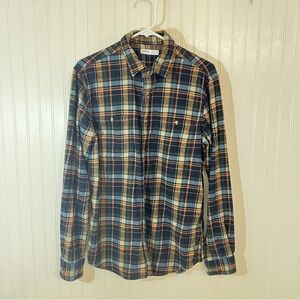 Sonoma 100% Cotton Blue and Orange Plaid Casual Button Down Flannel Shirt Size M